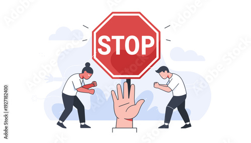 Vector Illustration of a Giant Hand Holding a Red Stop Sign to Intervene and Stop Conflict Between Two People Fighting. Concept of Peace, Mediation, Dispute Resolution, and Ending Violence.