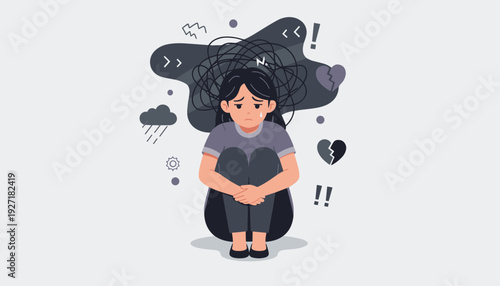 Sad Depressed Woman Sitting and Crying with Messy Thoughts, Concept of Mental Health Issues, Anxiety, Stress, Despair, Loneliness, Grief, Heartbreak, and Emotional Distress Flat Vector Illustration.