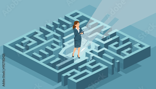 Businesswoman Standing in a Complex Maze Searching for the Exit, Concept of Problem Solving, Business Thinking, Strategy, Decision Making, and Finding a Way Out, Isometric Vector Illustration