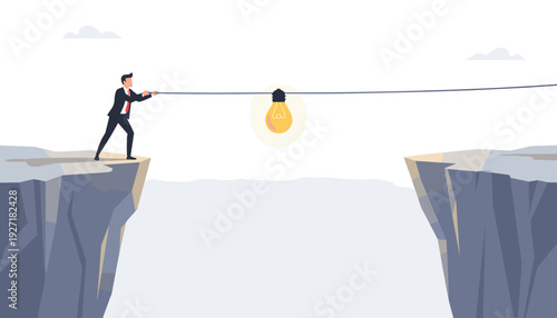 Businessman in a Suit Pulling a Rope with a Glowing Lightbulb Idea Across a Deep Abyss Between Two Cliffs, Symbolizing Leadership, Creative Vision, Innovation, and Overcoming Business Challenges
