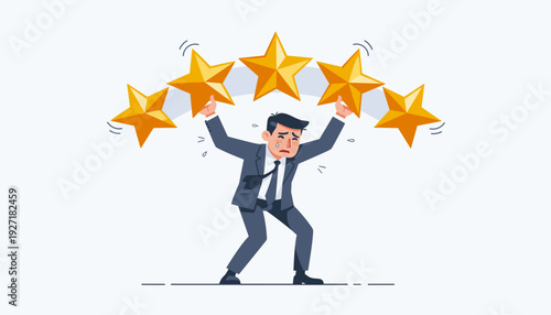 Stressed businessman carrying five gold stars, illustrating the pressure of maintaining high ratings, perfectionism, and the heavy burden of meeting customer expectations in a corporate world.