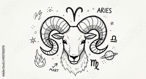Aries zodiac sign symbol with ram head illustration.