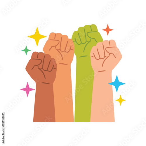  vector illustration showcasing four diverse raised fists, symbolizing unity, empowerment, solidarity, and collective action for social justice, surrounded by sparkling stars on on white background.