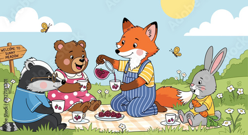 Cartoon Animals Having Picnic in Field.