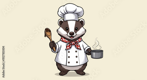 Cartoon Badger Chef Cooking with Utensils.