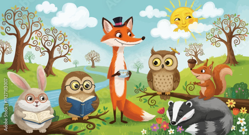 Cartoon Animals in Top Hat Gathering.