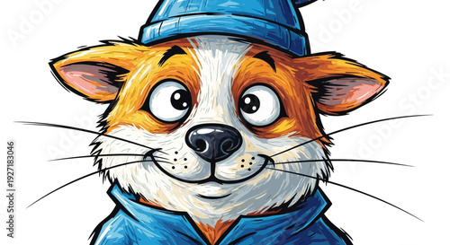 Cartoon Cat Wearing Blue Hat Closeup.