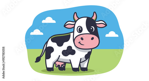 Cartoon Cow Standing in Green Field.