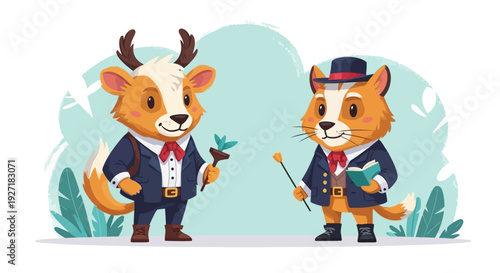 Cartoon Deer and Fox in Suits.