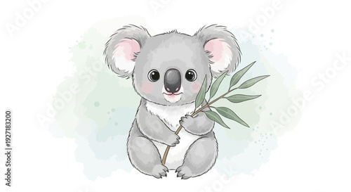 Cute Koala Cartoon Character with Eucalyptus Leaves.