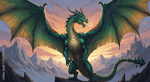 Green Dragon Fantasy Creature with Wings.