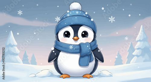 Penguin Wearing Winter Hat and Scarf 1.