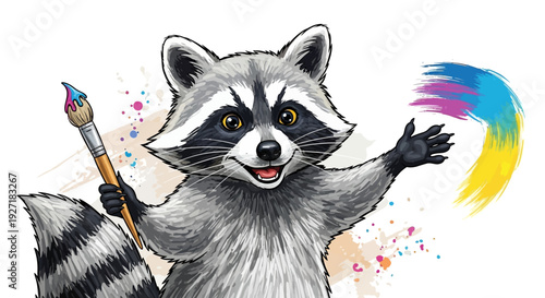 Raccoon Artist Holding Paintbrush and Painting Colors.