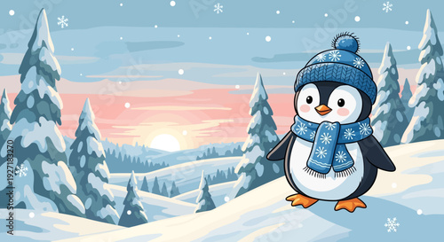 Penguin Wearing Winter Hat and Scarf.