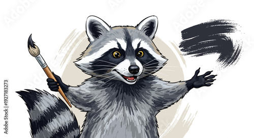 Raccoon Painting with Brush in Hand.