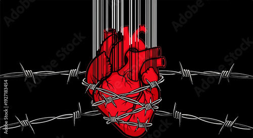 Barbed wire wrapped around a red human heart with vertical lines above, on a black background. Represents pain, suffering, and imprisonment.