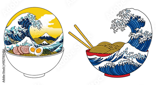 Japanese ramen bowl and noodle bowl with Great Wave off Kanagawa illustration. Features Mount Fuji, ocean waves, and traditional Asian food elements.