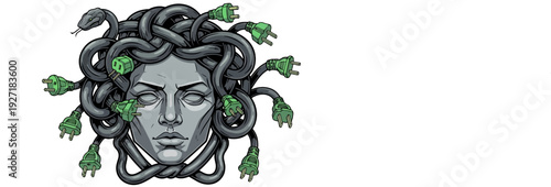 Medusa head with tangled electrical cables and green plugs as hair. Mythological creature with modern technology elements in detailed vector illustration.
