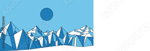 Low poly mountain landscape with blue sky and sun. Geometric vector illustration of snowy peaks and icebergs in a cold environment.