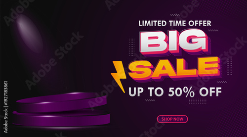 Big sale promo banner with discount offer. 50% off. on Luxurious Purple Stage. For offer banner social media post or website banner