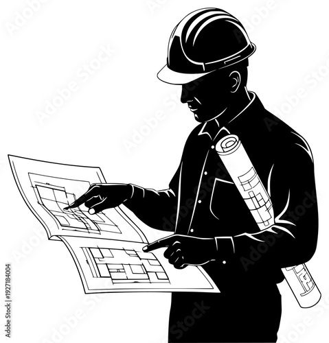  holding a blueprint while looking at it, architect, black, catch, clipboard, construction worker, engineer, hat, illustration, man, paper, profile, read, sun hat, wear, against transparent background
