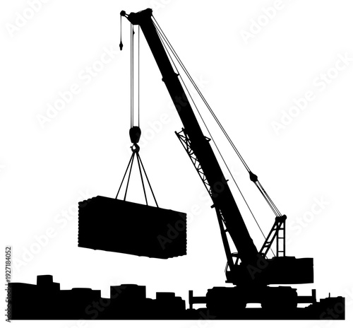 A silhouette of a crane lifting a large piece of wood, barge, black, cargo, container, crane, crate, equipment, hook, job, lift, load, palette, profile, against transparent background