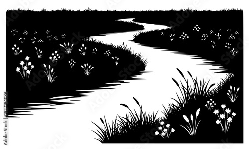 lustration of a winding river surrounded by grass and flowers, black, creek, flower, grass, illustration, path, river, stream, swamp, water, waterway, white, wildflower, against transparent background
