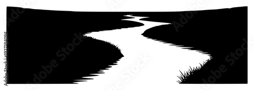 A black and white illustration of a winding river, bend, black, creek, flow, image, plain, river, sea, water, waterway, white, against transparent background