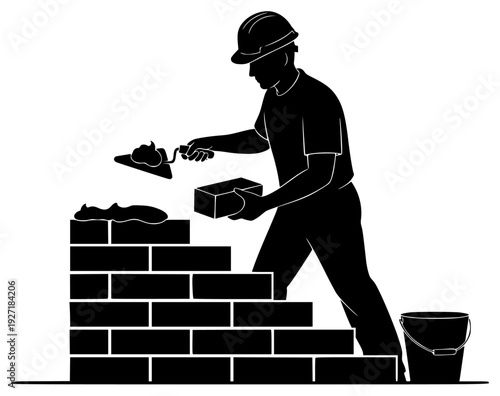  a trowel and a bucket, barrel, black, brick, brickwork, build, builder, construction worker, drill, hammer, illustration, job, man, mortar, profile, tool, wall, worker, against transparent background