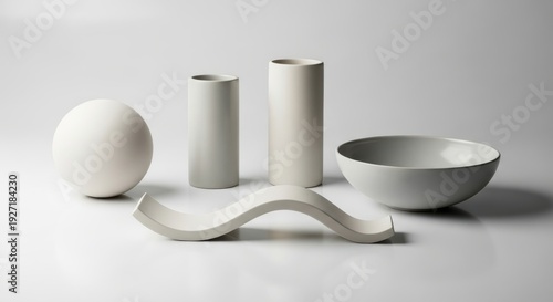 Minimalist Ceramic Forms A Collection of Abstract Sculptural Vessels in a Studio Setting