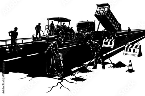 d with vehicles and traffic cones, construction site, construction worker, equipment, floor, highway, illustration, job, man, person, repair, road, stand, truck, worker, against transparent background