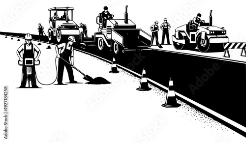 te illustration of construction workers working on a road with vehicles and traffic cones, construction worker, equipment, illustration, job, man, person, stand, worker, against transparent background