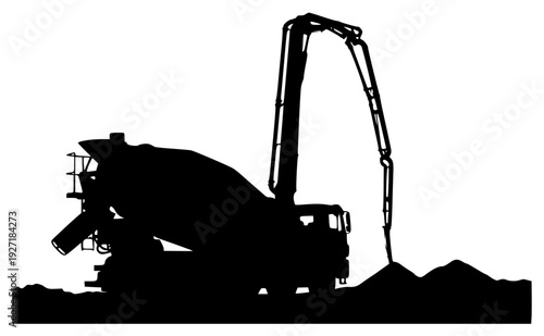 ixer truck on a pile of dirt, black, cement, coal, construction site, crane, dozer, equipment, excavator, gravel, job, lift, load, machine, profile, scoop, shovel, tank, against transparent background