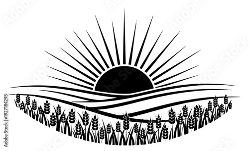 f a sunset over a field of wheat, black, field, grain, grass, harvest, horizon, illustration, landscape, logo, profile, ray, reed, rural, sun, wheat, wheat field, white, against transparent background