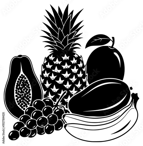 A black and white illustration of various fruits, apple, banana, black, fruit, grape, illustration, papaya, pineapple, profile, tropic, vegetable, white, against transparent background