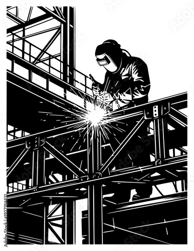 construction worker, equipment, factory, goggles, grind, grinder, illustration, job, man, metal, profile, scaffold, spark, steel, tool, warehouse, welder, white, worker, against transparent background