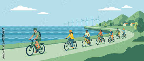 Flat vector illustration of a diverse group on an electric bike tour along a scenic coastal path with wind turbines and mountains, promoting sustainable travel, eco-tourism, and active living.