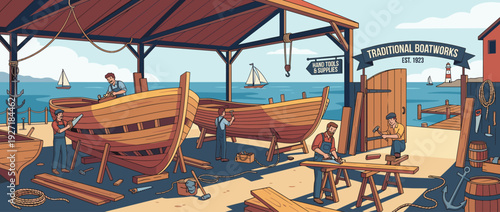 Flat Vector Illustration of a Traditional Boat Building Workshop with Skilled Carpenters Crafting Wooden Hulls Using Hand Tools at a Coastal Shipyard with Sailboats and a Lighthouse Background