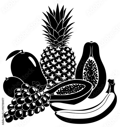 A black and white illustration of various fruits, apple, banana, black, fruit, grape, illustration, pineapple, profile, white, against transparent background