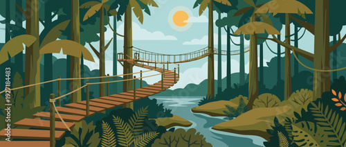 Scenic Flat Vector Illustration of a Tropical Rainforest Canopy Walkway with a Wooden Suspension Bridge Winding Through Lush Green Jungle Trees over a River under a Bright Sunlit Sky Background