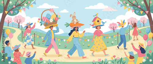 Festive Easter bonnet parade flat vector illustration featuring people in creative hats with eggs, bunnies, and birdhouses walking through a spring park with flowers, bunting, and balloons.