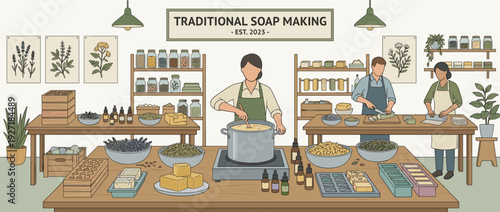 Flat vector illustration of a traditional soap making workshop with artisans crafting handmade organic soap bars using natural ingredients, botanical herbs, essential oils, and wooden molds.