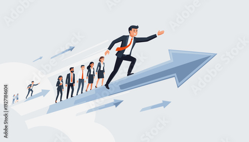 Successful Businessman Leading a Diverse Team of Professionals Riding on a Large Upward Flying Arrow Towards Success and Growth, Concept of Leadership, Career Progress and Business Development.