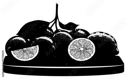 tion of a bowl of oranges with leaves and slices, black, citrus fruit, footstall, fruit, grapefruit, illustration, lemon, lime, orange, plate, platter, slice, tangerine, against transparent background