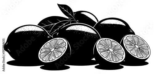 A black and white illustration of lemons with leaves and slices, black, citrus fruit, fruit, grapefruit, half, illustration, lemon, lime, orange, slice, white, against transparent background
