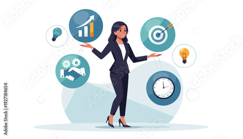Professional businesswoman balancing icons for growth, goals, partnership, time management, and ideas, illustrating a strategic business approach, leadership, and multitasking vector concept.