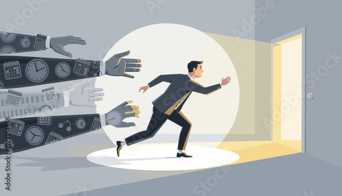 Businessman Running Towards a Bright Open Door to Escape His Comfort Zone and Routine While Being Pulled Back by Giant Hands Covered in Clocks and Calendars Representing Time Pressure and Habits
