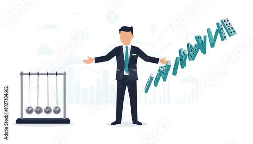Businessman Stopping Newton's Cradle and Falling Domino Effect for Crisis Management and Conflict Prevention Concept. Financial Stability, Risk Control, and Problem Solving Vector Illustration.
