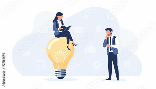 Businesswoman sitting on a large glowing light bulb reading a book while a businessman stands thinking. Concept of education, creativity, innovation, knowledge, and finding new business ideas.