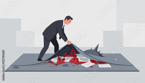 Businessman Lifting a Rug to Reveal Hidden Problems, Red Warning Signs, and Documents. Metaphor for Hiding Secrets, Corporate Risk Management, Delaying Trouble, and Uncovering Business Issues.